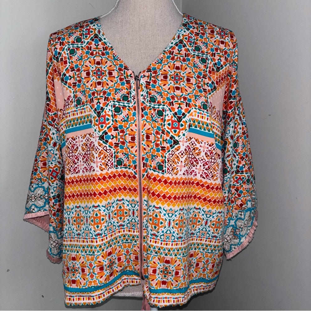 Chico's peach & aqua tile print kimono sleeve zip front top size 0 Small 4-6